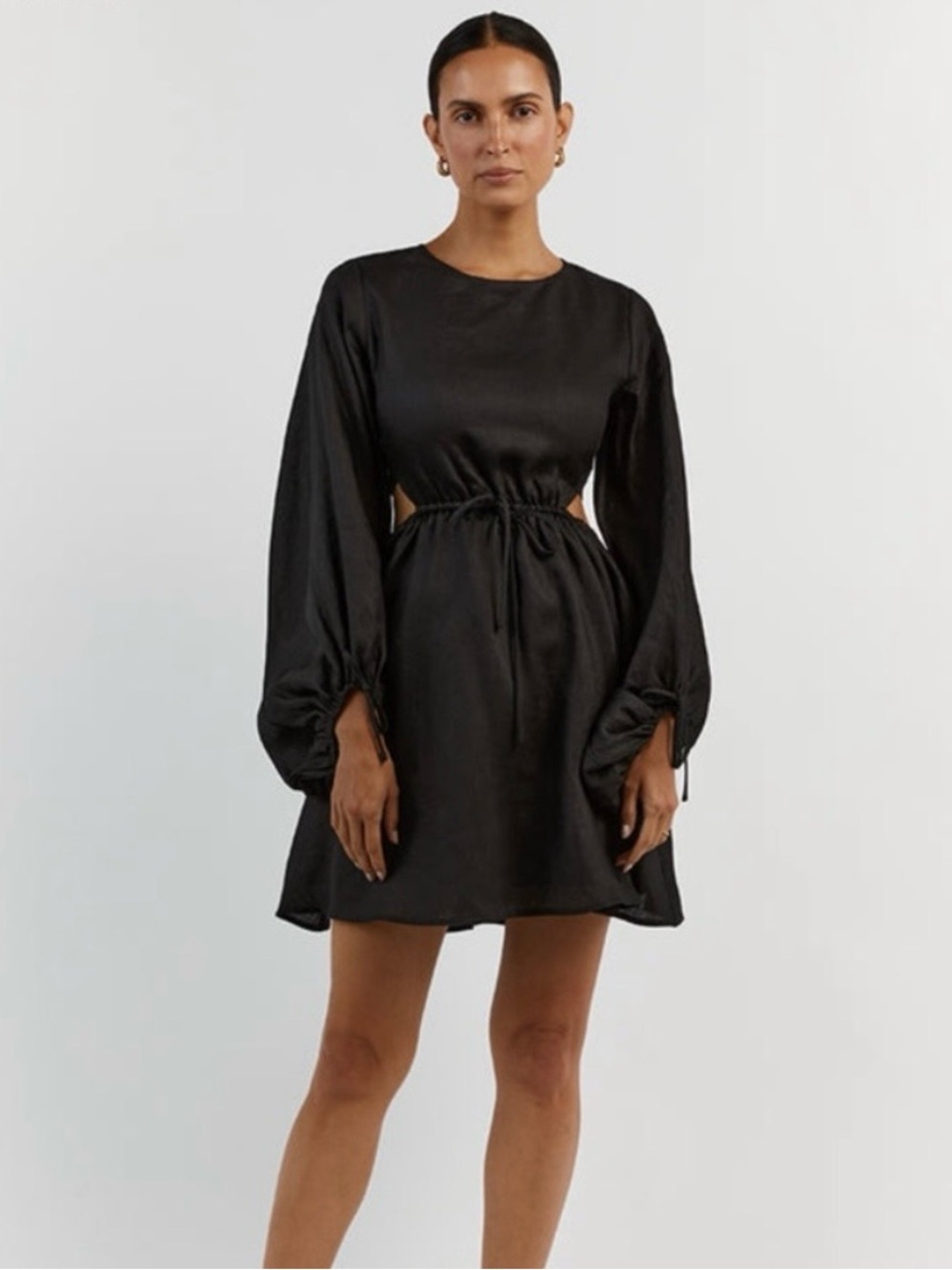 DISSH Molly Black Linen Mini Dress Long Puff Sleeves Open Back Cinch Waist